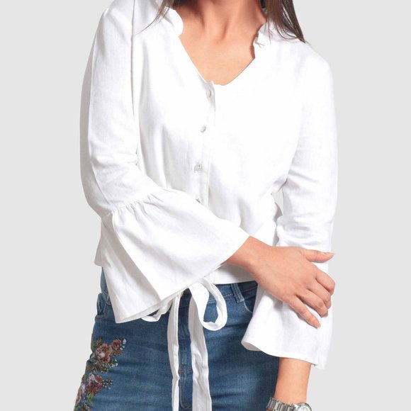 OLGYN Women’s Linen Bell-Sleeve White Top - Picture 3 of 4